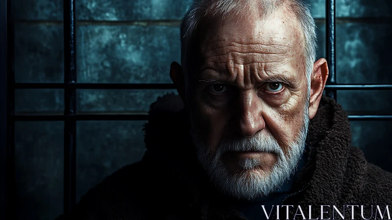 Storm-lit portrait of a weathered man in quiet defiance.