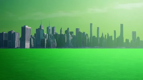 Urban skyline stands before uniformly green foreground surface