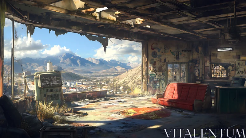 Desert garage interior overlooks sunlit mountain cityscape