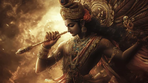 Divine musician figure in ornate golden ceremonial attire.