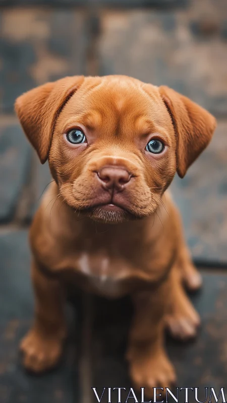 High-detail close-up portrait of russet puppy on stone patio