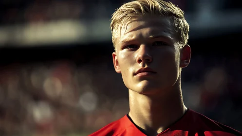 Golden hour focus on a determined young football player.