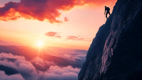 Silhouetted climber on sheer cliff at radiant sunrise.