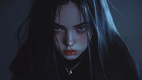 Moody close-up portrait with cold rim lighting and glossy skin shading