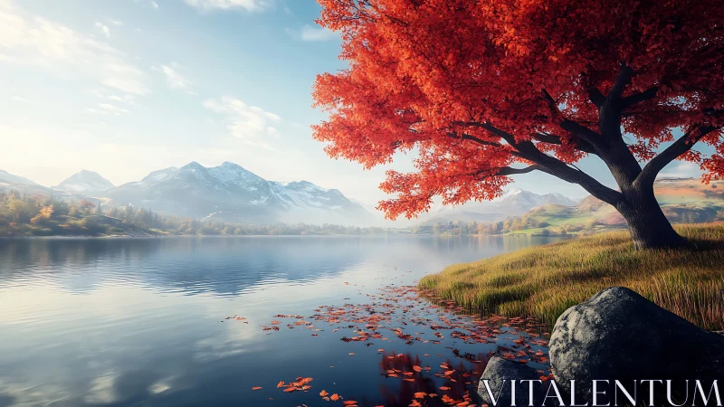 Crimson maple tree over tranquil alpine lake at sunrise.