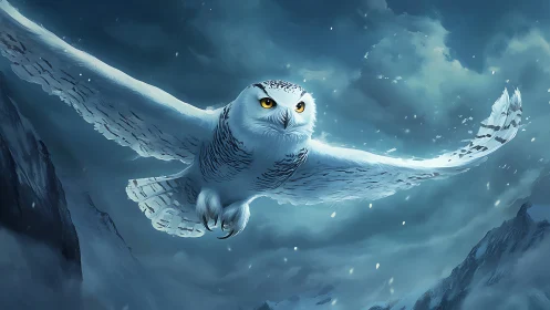 Majestic Snowy Owl in Flight Over Winter Mountains, Digital Art.