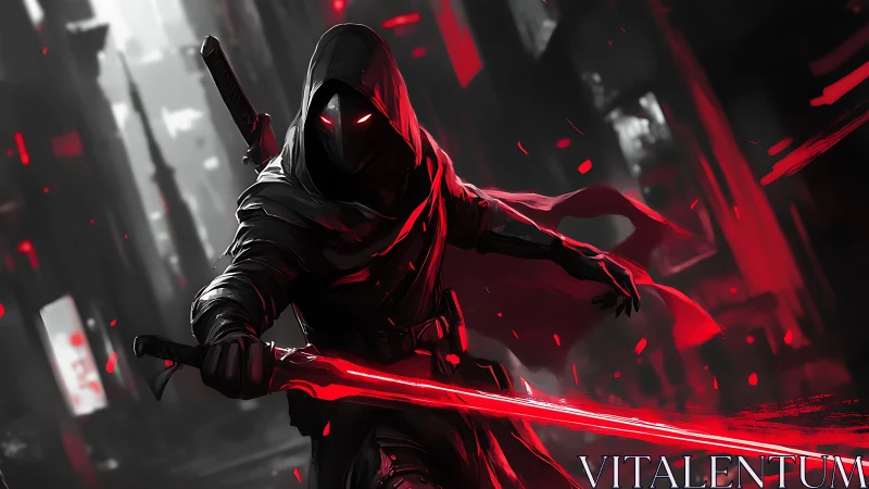Hooded cyber assassin with glowing red energy blade poised.
