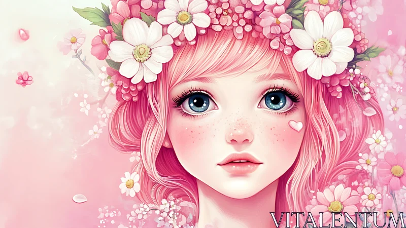 Pink haired girl with floral crown in soft pastel tones.