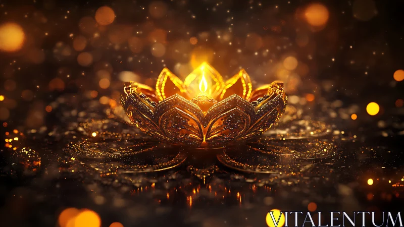 Golden lotus candle glows softly in a field of warm light.