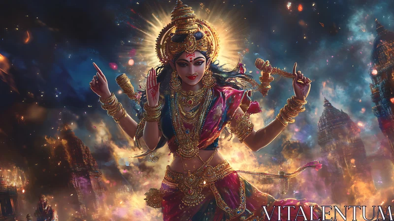 Deity figure stands amid flames with temples in background