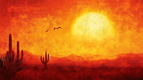 Blazing desert sun burns over silent cacti and distant hills