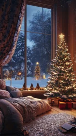 Cozy winter window nook with glowing Christmas tree magic.