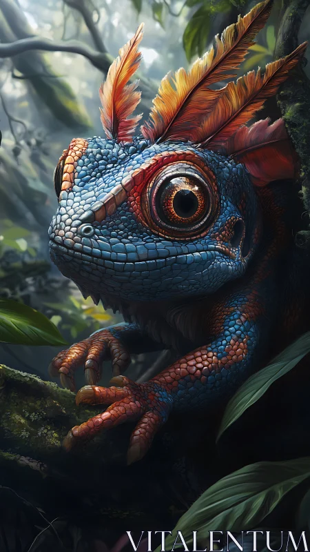 Feathered blue lizard in dense jungle environment portrait.