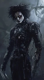 Dark cybernetic humanoid with claws in ominous forest.