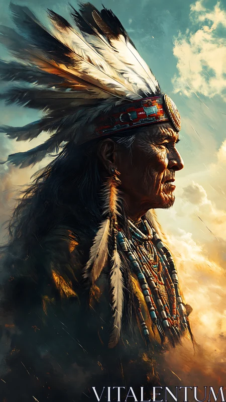 Sky-worn elder in feathered crown beneath storm-soft light.