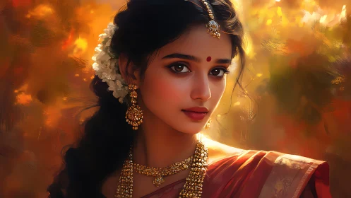 South Indian bride portrait glows in golden evening light.