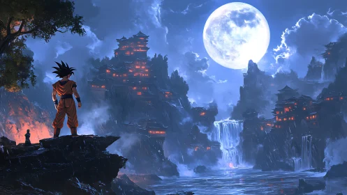 Silhouetted fighter observing illuminated cliffside temples at night.