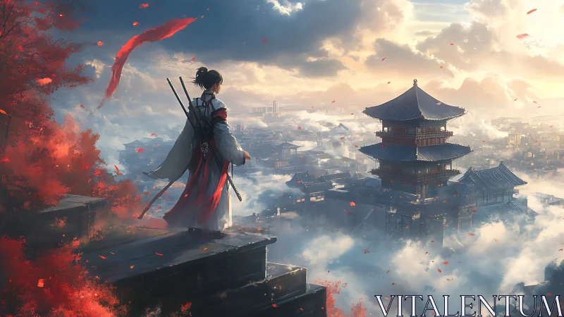 Samurai sentry overlooking misted pagoda city at sunrise