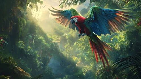 Digital painting of scarlet macaw over sunlit jungle valley.