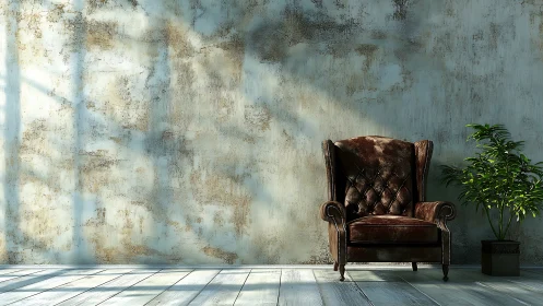 Vintage leather armchair beside plant in sunlit loft corner.