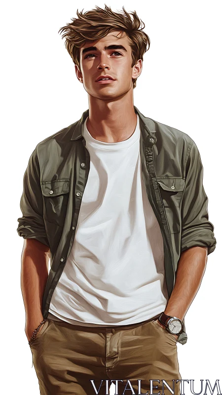 Sunlit daydreamer in casual greens and windswept hair.