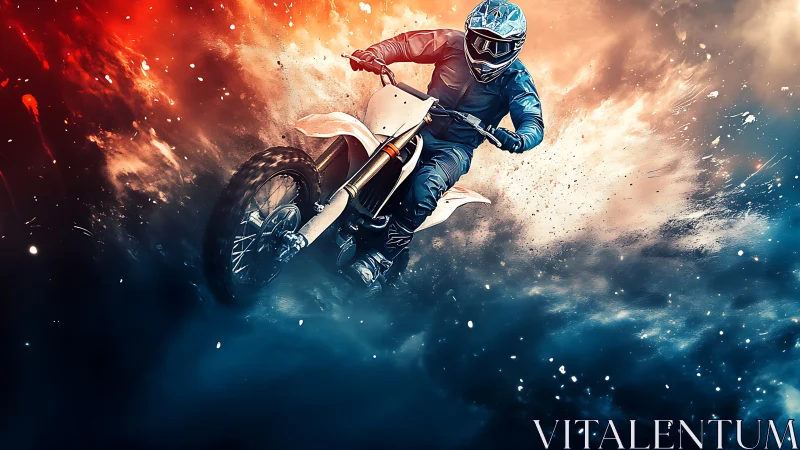 Rider carves through fire and storm on a blazing dirt bike.