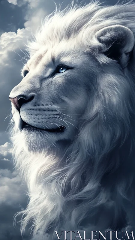 Digital painting profile of ethereal white lion in clouds.
