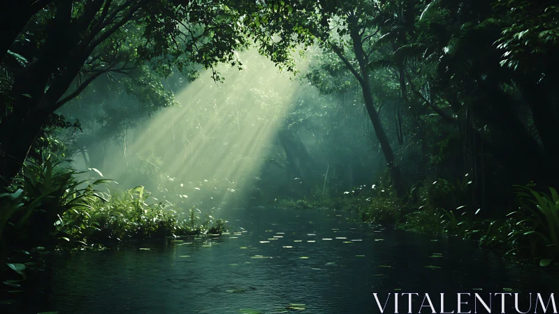 Rainforest Sanctuary: Crepuscular Light Through Canopy.