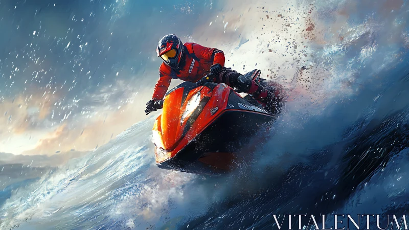 Jetski rider cuts through stormy ocean waves with force.