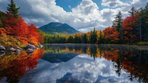 Autumn lake reflections beneath a cloud-laced mountain peak.