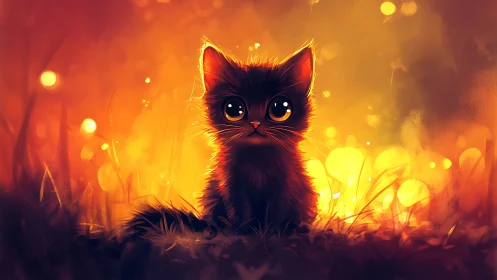Black Cat in Warm Glowing Landscape
