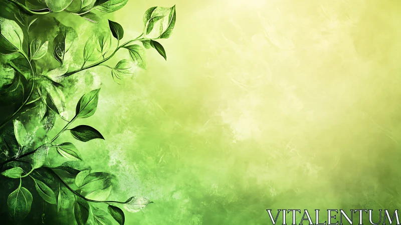 Green foliage branches occupy left side against gradient field