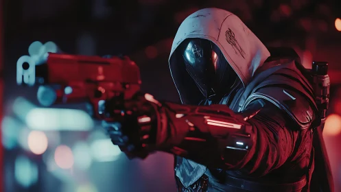 Mysterious cyber hooded warrior aims through neon night.