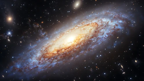 Spiral galaxy with bright core and extended star field.