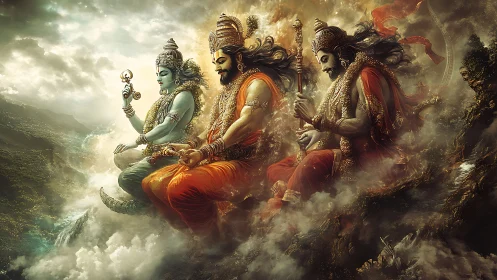 Celestial Hindu deities glide through swirling divine clouds.