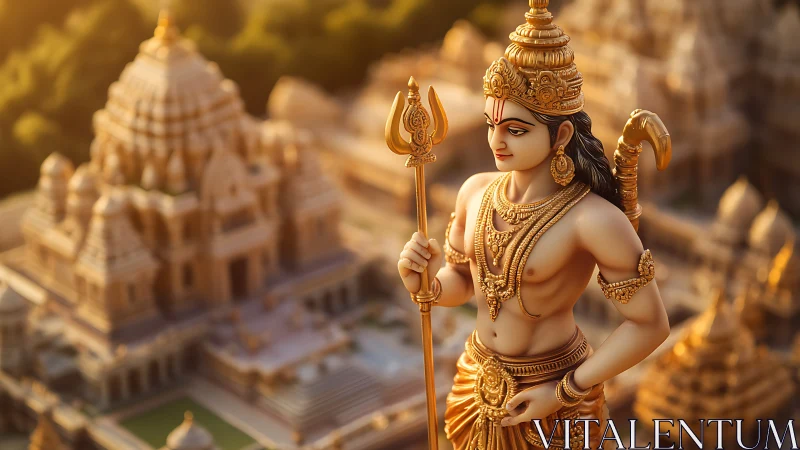 Golden Hindu deity statue stands before sunlit temple complex