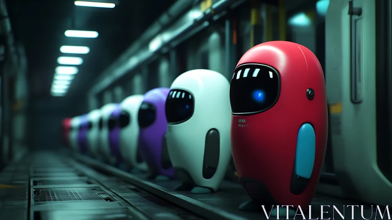 Row of capsule robots on industrial conveyor line.