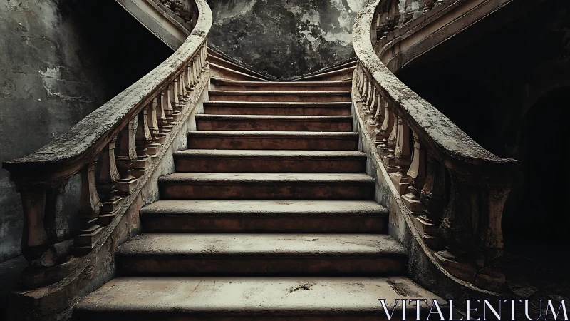 Decayed stone bifurcated staircase with distressed balustrades
