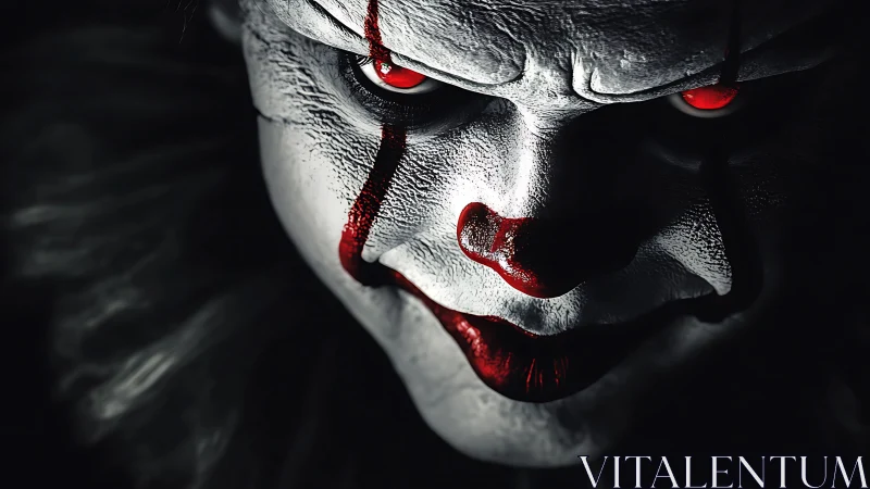 Predatory clown glare with crimson-lit nightmare smile.