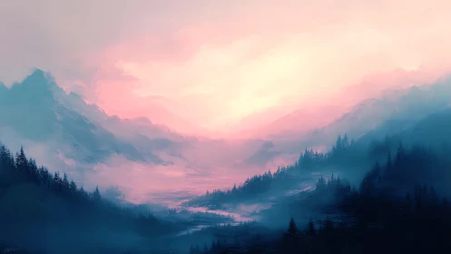 Dreamy misty valley glows beneath soft pink sunrise light.