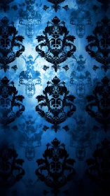 Blue gothic damask wallpaper with ornate skull motifs.