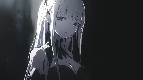 Quiet anime girl stands in moody light with gentle calm