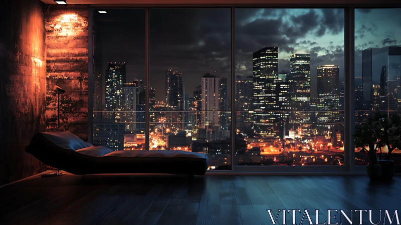 Digital painting of moody loft interior with night city vista.