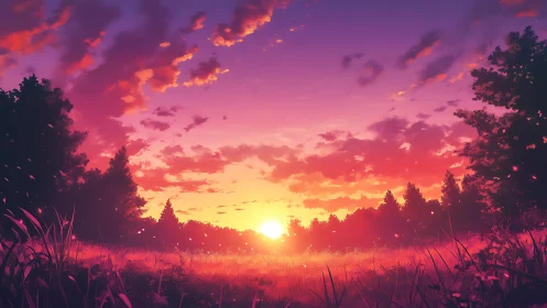 Vivid sunset over grassy field and silhouetted treeline.