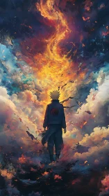 Backlit anime silhouette under vortex of blazing nebula clouds