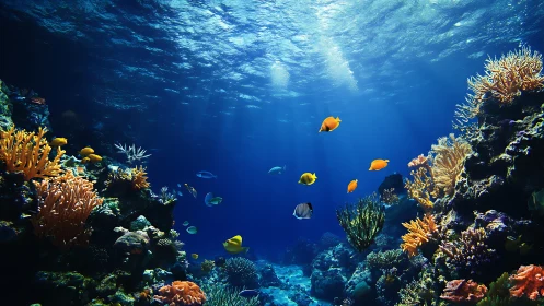 Coral reef scene with tropical fish in clear blue water.