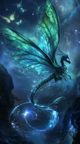 Glowing winged dragon spirals through a luminous night sky