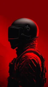 Silhouetted tactical astronaut rendered against red gradient field