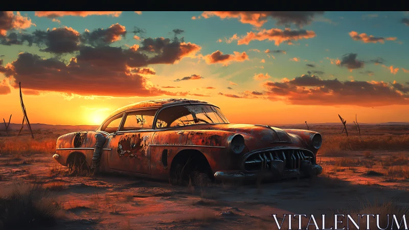 Rusting classic car in dry desert at vivid sunset.