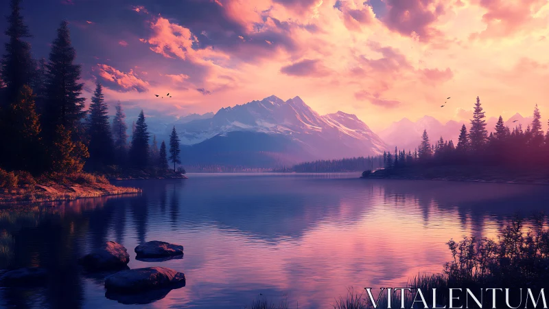 Sunset light ignites alpine lake and evergreen shoreline.